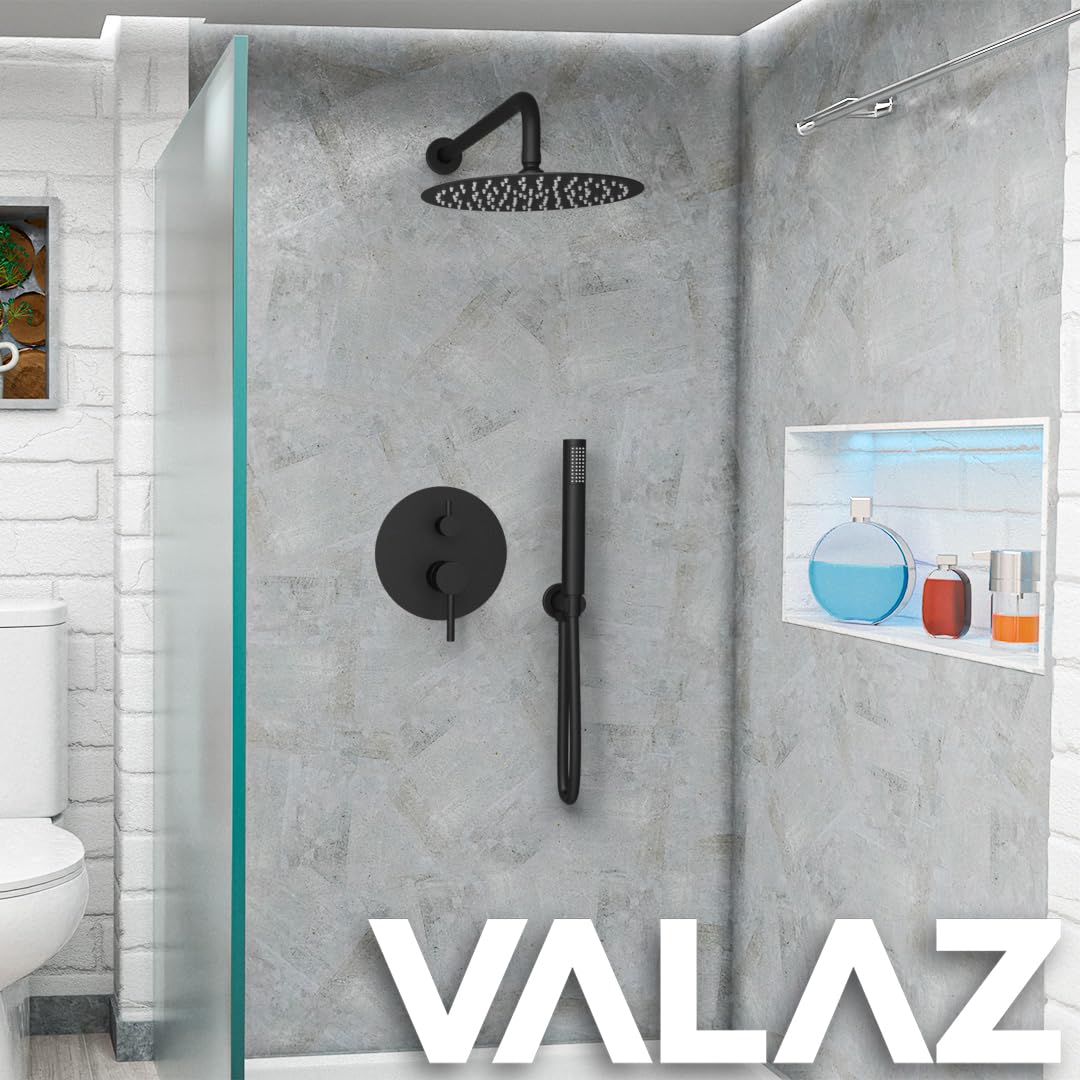 VALAZ Unterputz Duscharmatur Schwarz Matt | Duschsystem mit Regendusche Regeneffekt | 2-Wege-Einhebeldusche, Edelstahl, Kopfbrause 25cm | Schnelle Wandmontage, Elegant, Jucar-serie