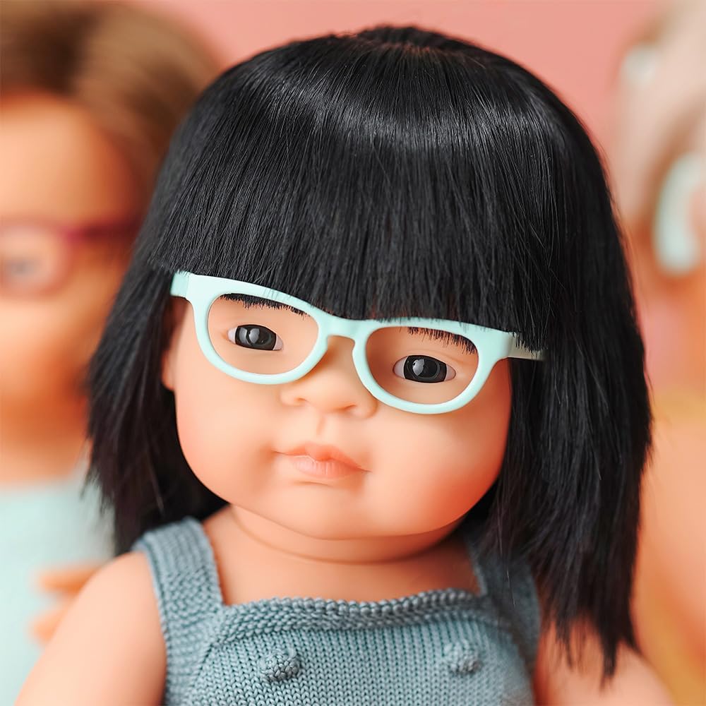 Miniland Doll 15'' Colourful Edition Asian Girl with Glasses with Lead Color Rompers (Box) - Made in Spain, Anotomically Correct, Quality, Inclusion