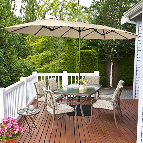 Image of Tangkula 15FT Double-Sided Patio Umbrella with Base, Extra-Large Market Umbrella W /Crank System, Outdoor Twin Umbrella W / 12-Rib Metal Structure & Air Vents for Garden, Backyard, Poolside (Beige)