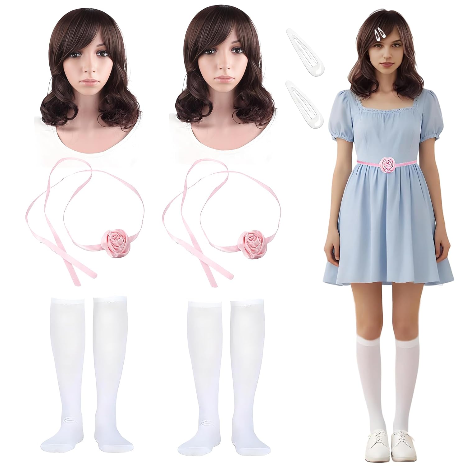 Yi-gog 10 pc women's twin costume and accessory set includes a blue spooky twin wig, stockings, a pink belt, and side clips, perfect for a Halloween costume party.
