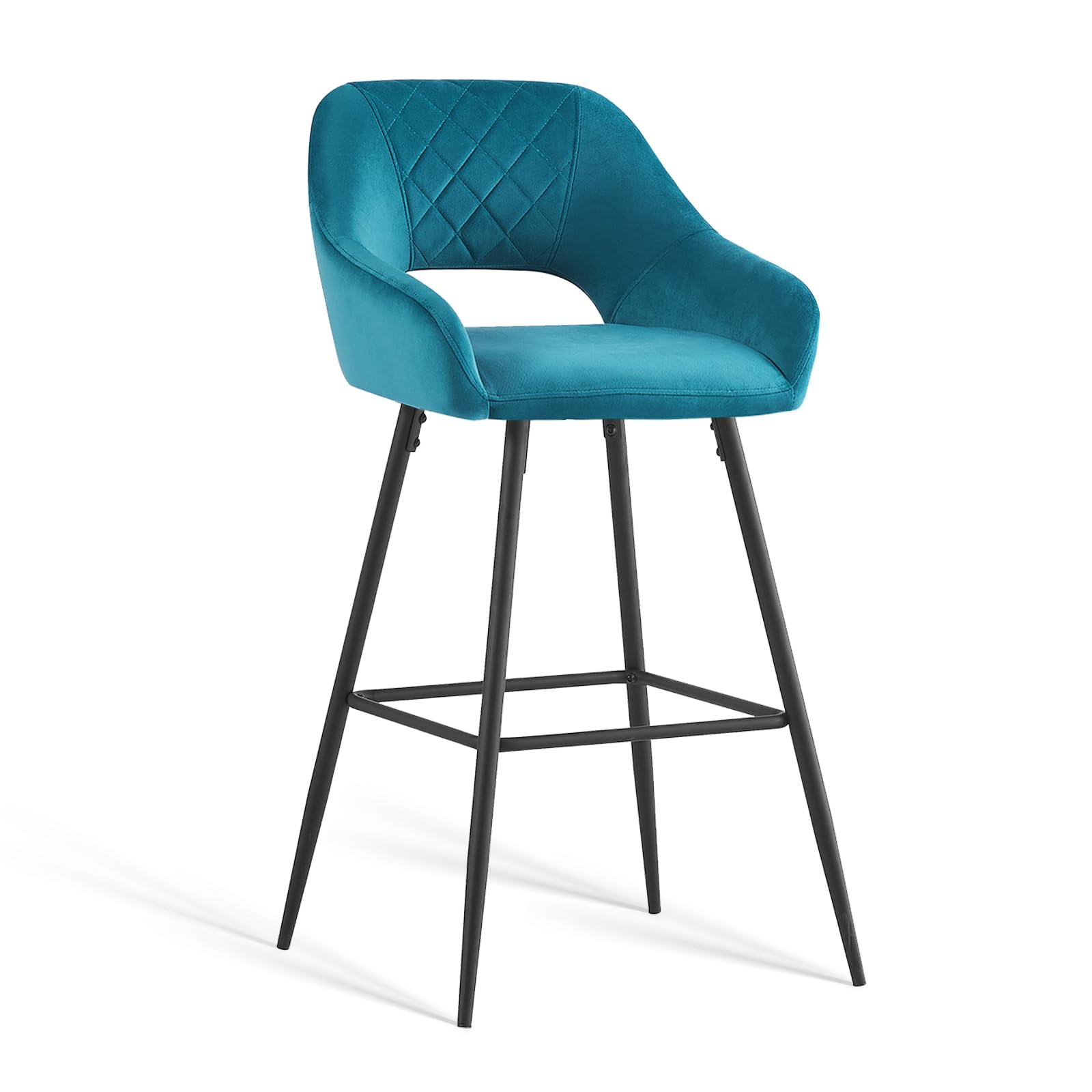 Bar Stools Set of 1 Dark Teal Velvet Padded with Footrest Armrest Kitchen High Stools Supported Black Metal Legs for Breakfast Bar, Counter, Kitchen and Home