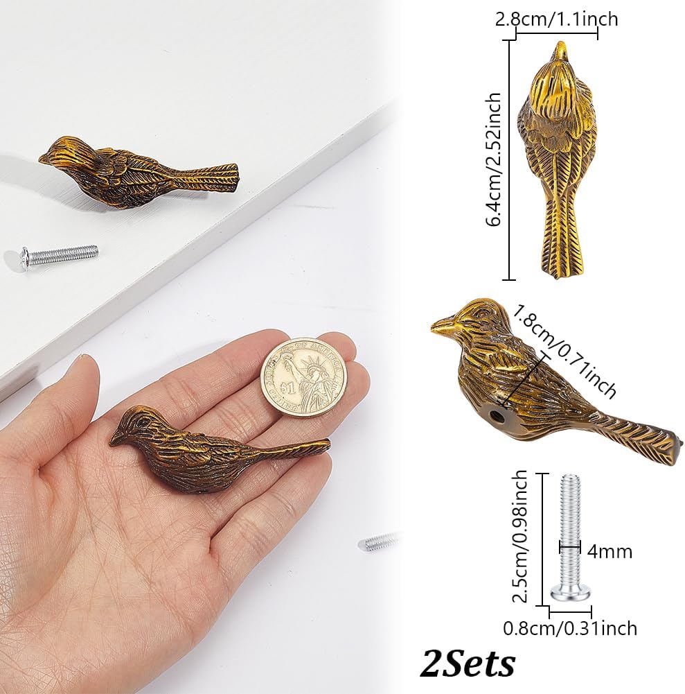 AHANDMAKER 2 Pcs Antique Goldenen Bird Knobs Alloy Unique Design Drawer Handles Installation for Dresser Laundry Room Kitchen Cabinet Drawer Upgrade Home Decoration 1.1 Inch