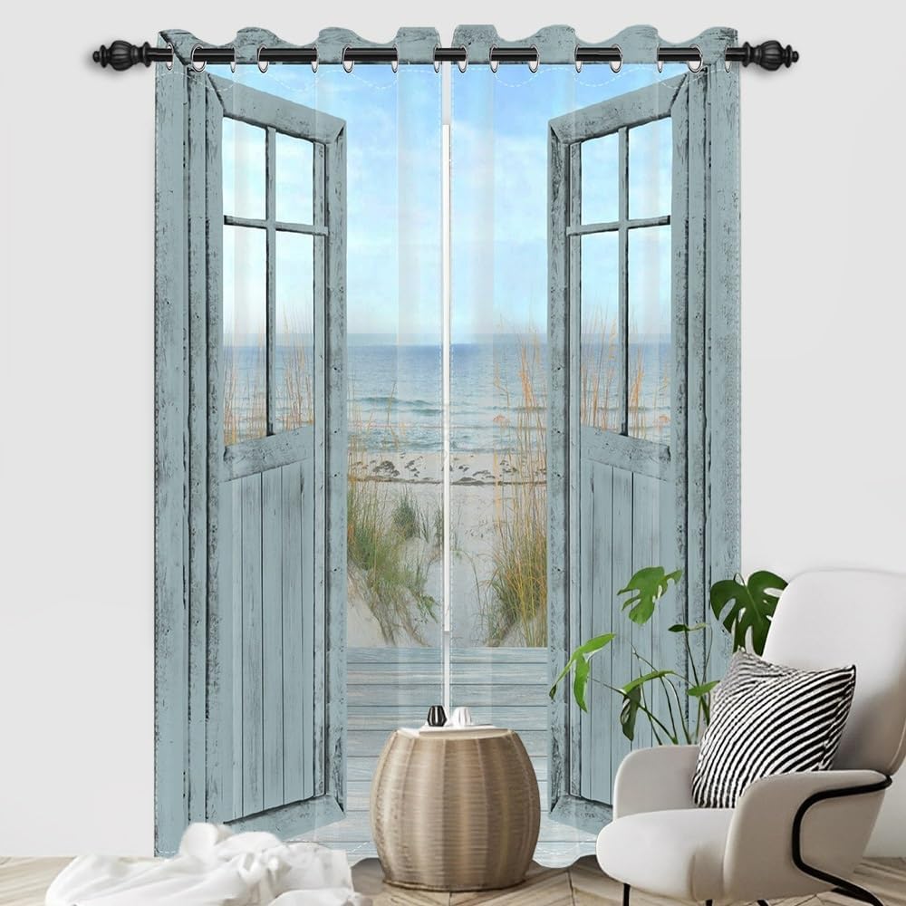 Blue Beach Barn Door Window Curtains Ocean Coastal Seaside Rustic Plant Nature Scenery Window Drapes Retro Farmhouse Wood Plank Western Window Treatments Decor 2 Panel Set,52x96inch