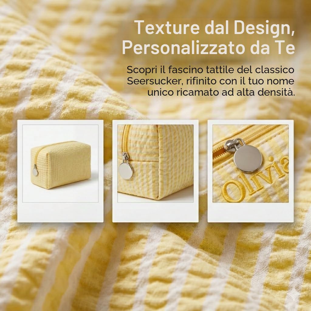 Nome personalizzato ricamato Seersucker Makeup Bag, sacchetto cosmetico a righe personalizzato, borsa da toilette leggera di viaggio di grande capacità, damigella d'onore & regalo di nozze