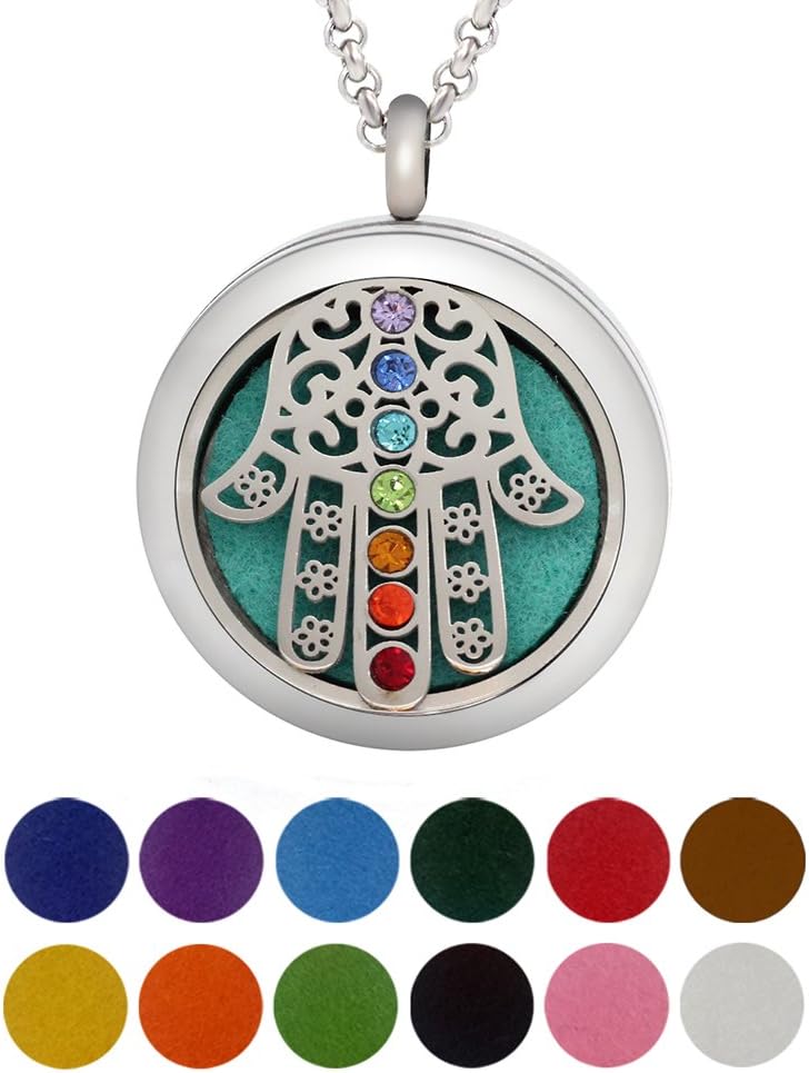 Aromatherapy Essential Oil Diffuser Necklace Locket Pendant with 12 Washable Pads + 2PCS Chain 316L Surgical Stainless Steel Jewelry Gift Set（Fatima Eye Hand）