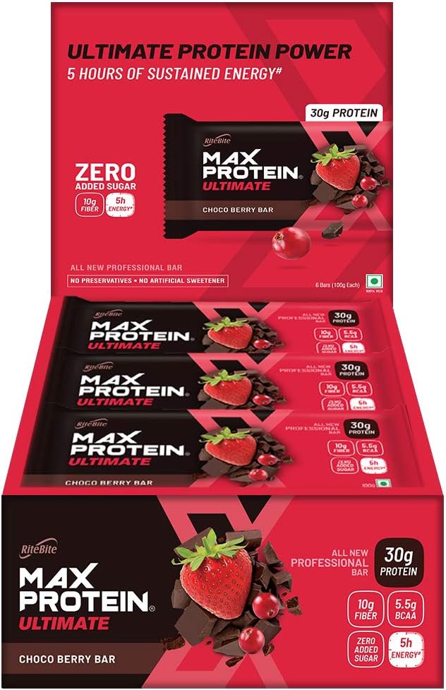 - Ultimate Choco Berry 30g Protein Bars [Pack of 12] Protein Blend, Fiber, Vitamins & Minerals, No Preservatives, 100% Veg, No Added Sugar, For Energy, Fitness & Immunity - 1200g