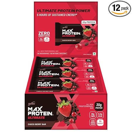 RiteBite Max Protein Ultimate Choco Berry 30g Protein Bars [Pack of 12] Protein Blend, Fiber, Vitamins & Minerals , No Preservatives, 100% Veg, No Added Sugar, for Energy, Fitness & Immunity - 1200g