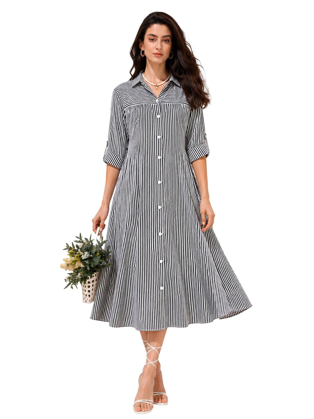 sheetal associates Women's Black & White Vertical Striped Shirt Midi Dress | Collared Neck | Button Down | 3/4 Roll-Up Sleeves | A- Casual Office Dress-picture-1