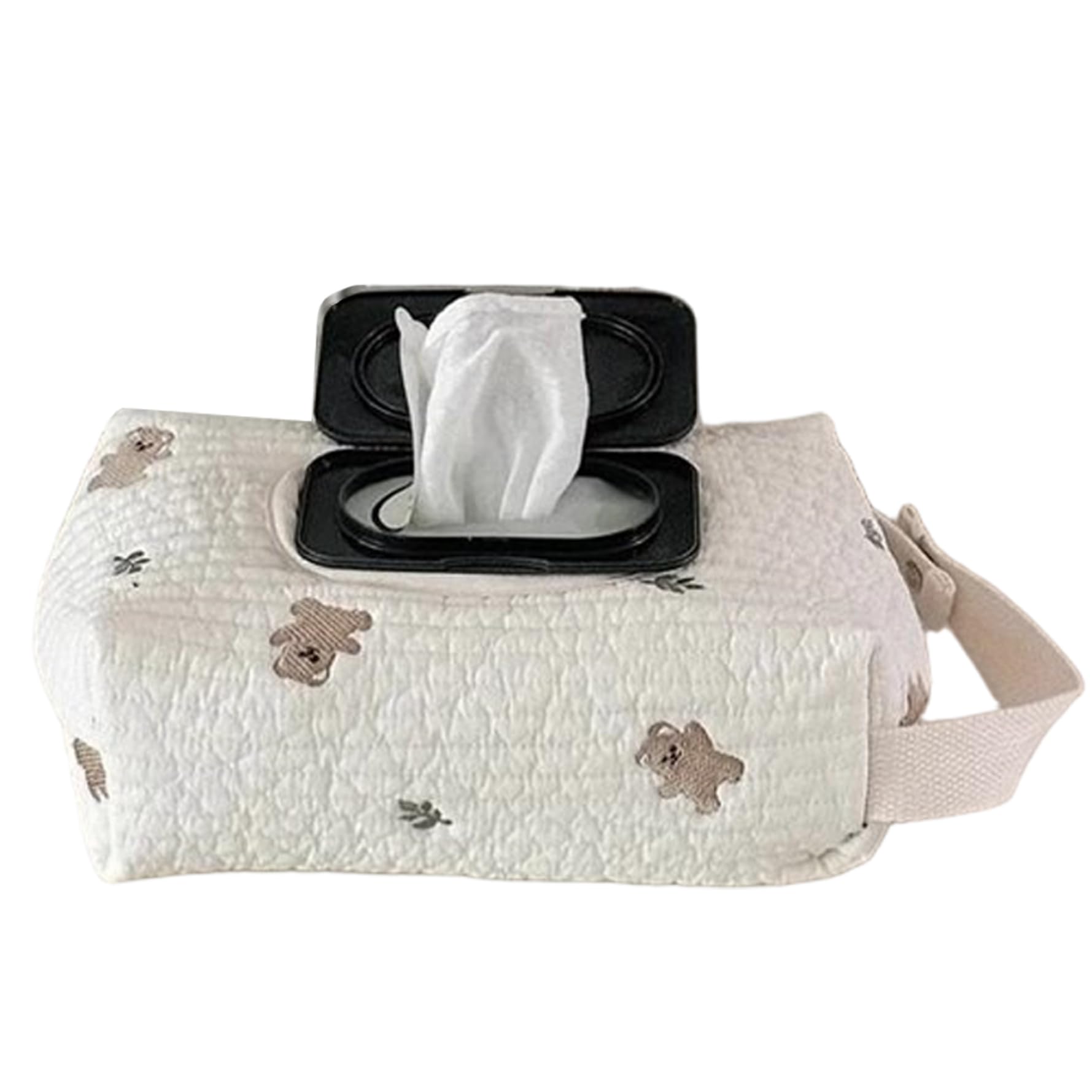 Travel Wipes Case, Diaper and Wipes Pouch Portable Embroidered Bear Diaper Pouch Reusable Container with Hanging Hanlde for Car Home Travel