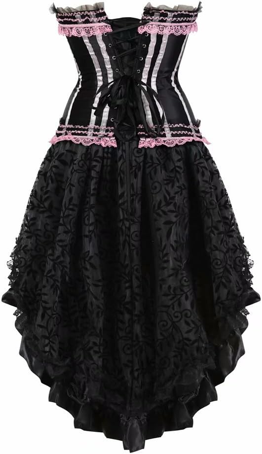 Corset Dress Plus Size Bustier Skirt Set Masquerade Gothic BrocadeStripe Lace Gothic Costume