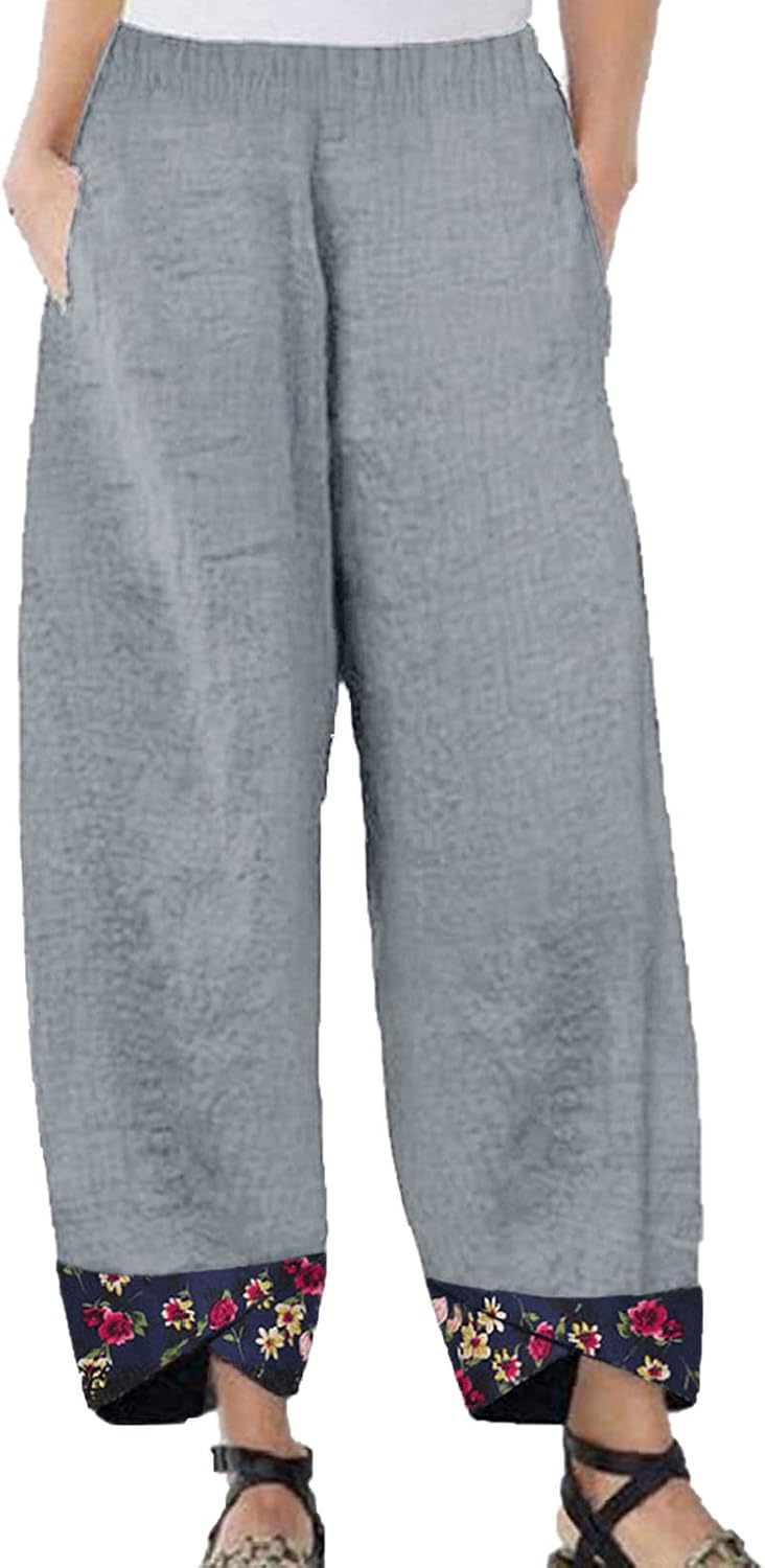 DGHM-JLMY Women Casual Cotton Linen Pants Wide Leg Drawstring Elastic Waist Capris Crop Print Sports Lounge Pants Loose Fit