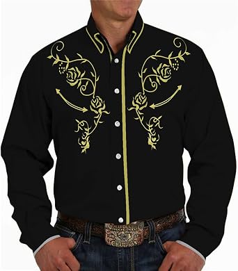 Cow Boy Shirt Men Embroidered Western Cowboy Pearl Snap Shirts for Mens Costume Clothes Dress Brush Popper Men's Floral Undershirt Button Up