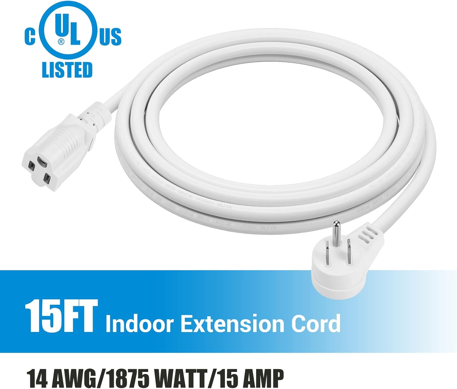 DEWENWILS 15Ft Extension Cord, Flat Plug Extension Cord, 14/3 Heavy Duty Indoor SJT Power Cord, 3 Prong Grounded Wire, UL Listed, White, 2 Pack