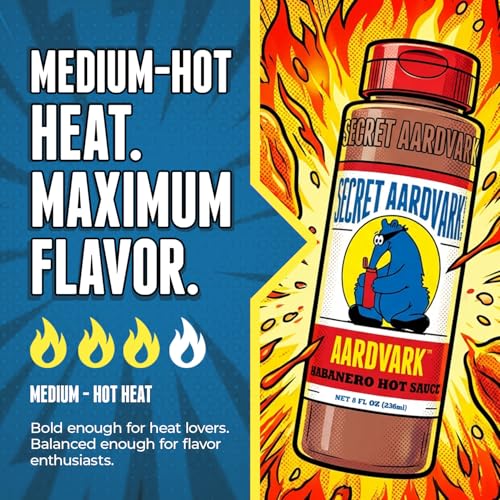 Image of Secret Aardvark Habanero Hot Sauce, Non-GMO, Low Carb, Low Sugar, 8 fl oz | Medium Spiced BBQ Marinade, Roasted Tomatoes, Vegan, Dairy-Free, No HFCS