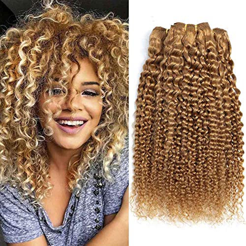 Brazilian Hair Curly Weave Bundles 100% Human Hair Kinky Curl Hair Bundles Curly Human Hair 10A Unprocessed Virgin Deep Curly Hair Extension Blonde Curly Bundles 27#(12"14"16")