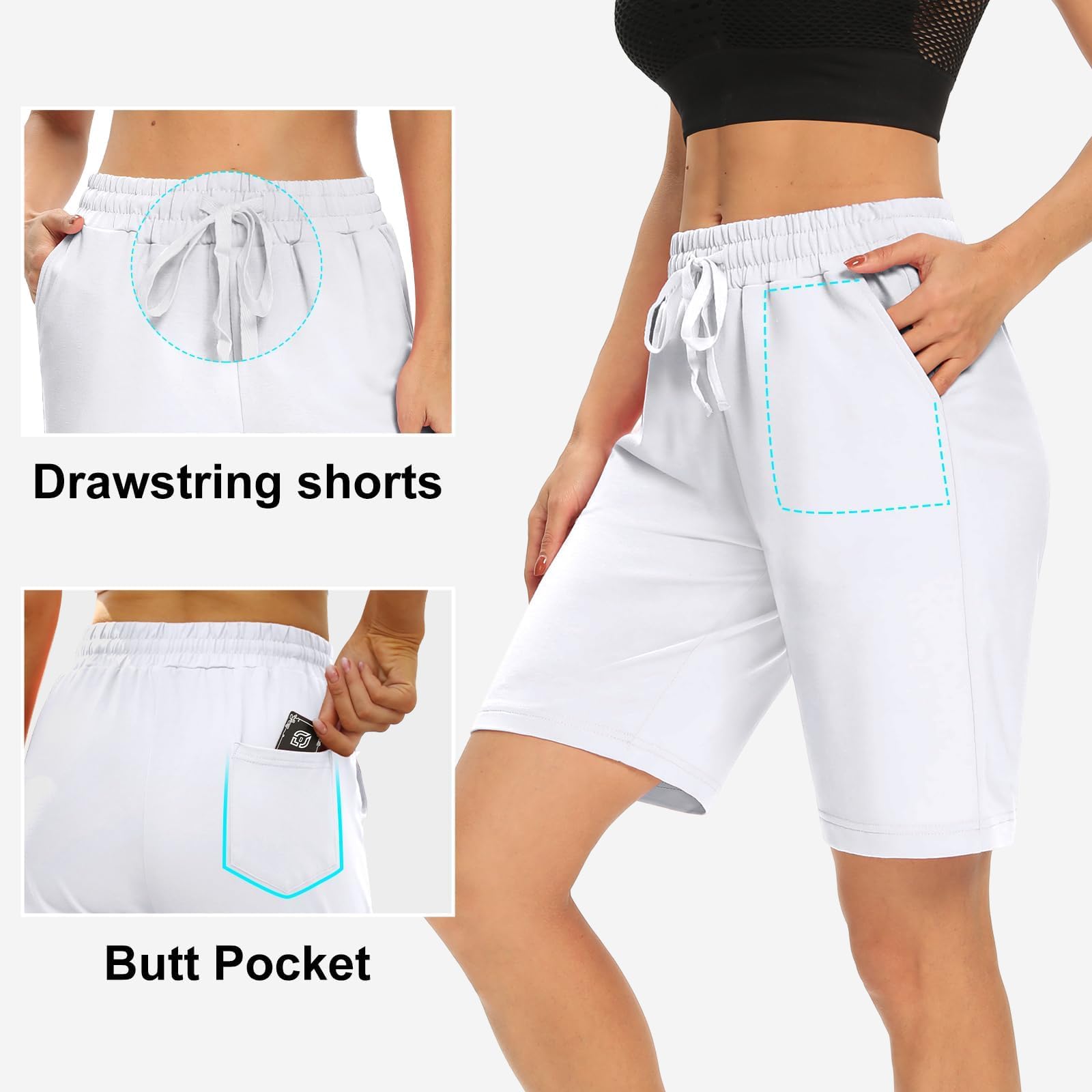 Shorts Damen Sommer Bermuda Shorts Casual Kurze Hose Sportshorts Baumwolle Kurz Sporthose Jogginghose Knielang Yoga Running mit Taschen