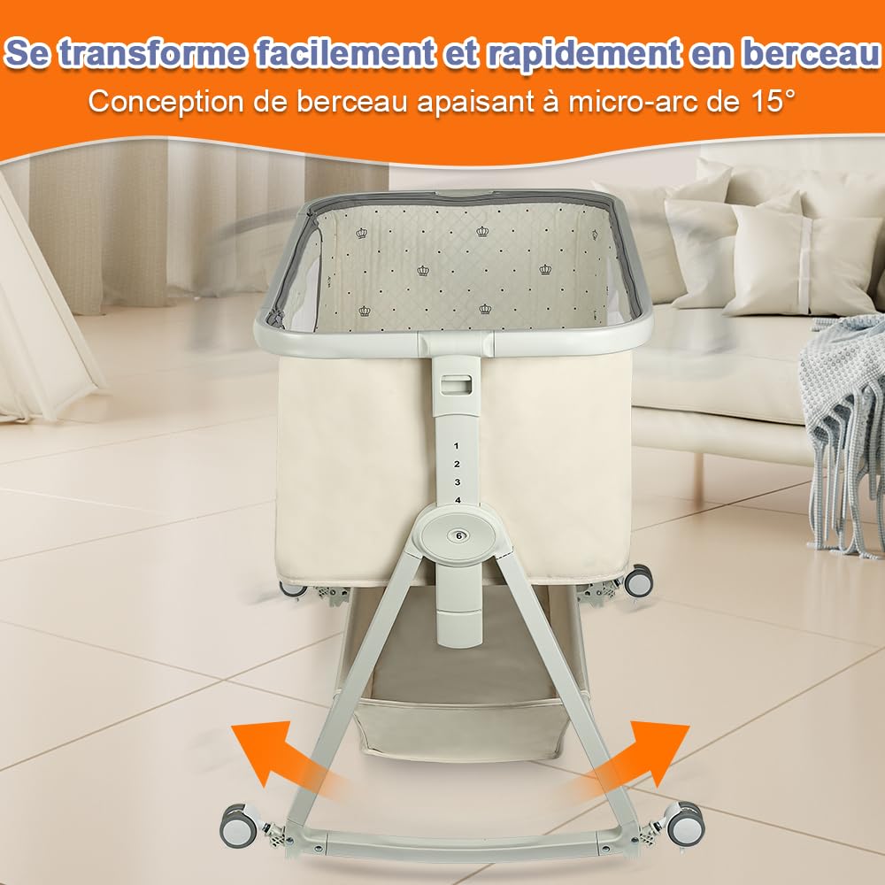 Supfine Berceau Cododo Lits bébé Lit Cododo 4 en 1 Hauteur Réglable Inclinaison Roues Beige