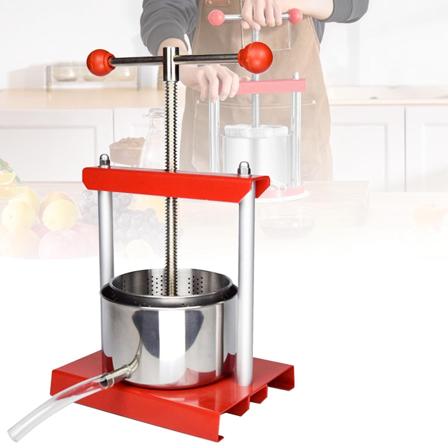 Cider Press, Stainless Steel Cheese Tincture Fruit Wine Manual Press Machine, Portable Cheese Fruit Tincture Barrels Press Machine with Heavy Duty Base for Making Wine or Juice 6L/1.6Gal