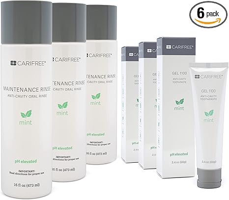 CariFree Maintenance & Prevention Kit, Mint Flavored | Anti-Cavity Fluoride Toothpaste & Mouthwash Freshens Breath and Moistens Mouth | Dentist Recommended for Oral Care (6 Piece Set)