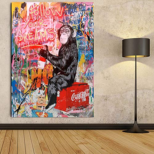 Faicai Art Banksy Graffiti Street Art Paintings Canvas Wall Art Drawing Orangutan Fluorescent‘Follow