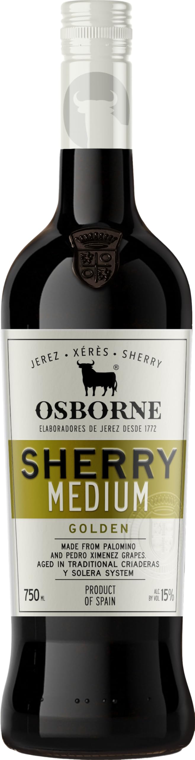 Osborne Sherry Golden Medium – Hochwertiger, halbtrockener Sherry, hergestellt nach dem Solera-Verfahren aus Andalusien in Spanien mit 15 Prozent vol. (1 x 0,75l)