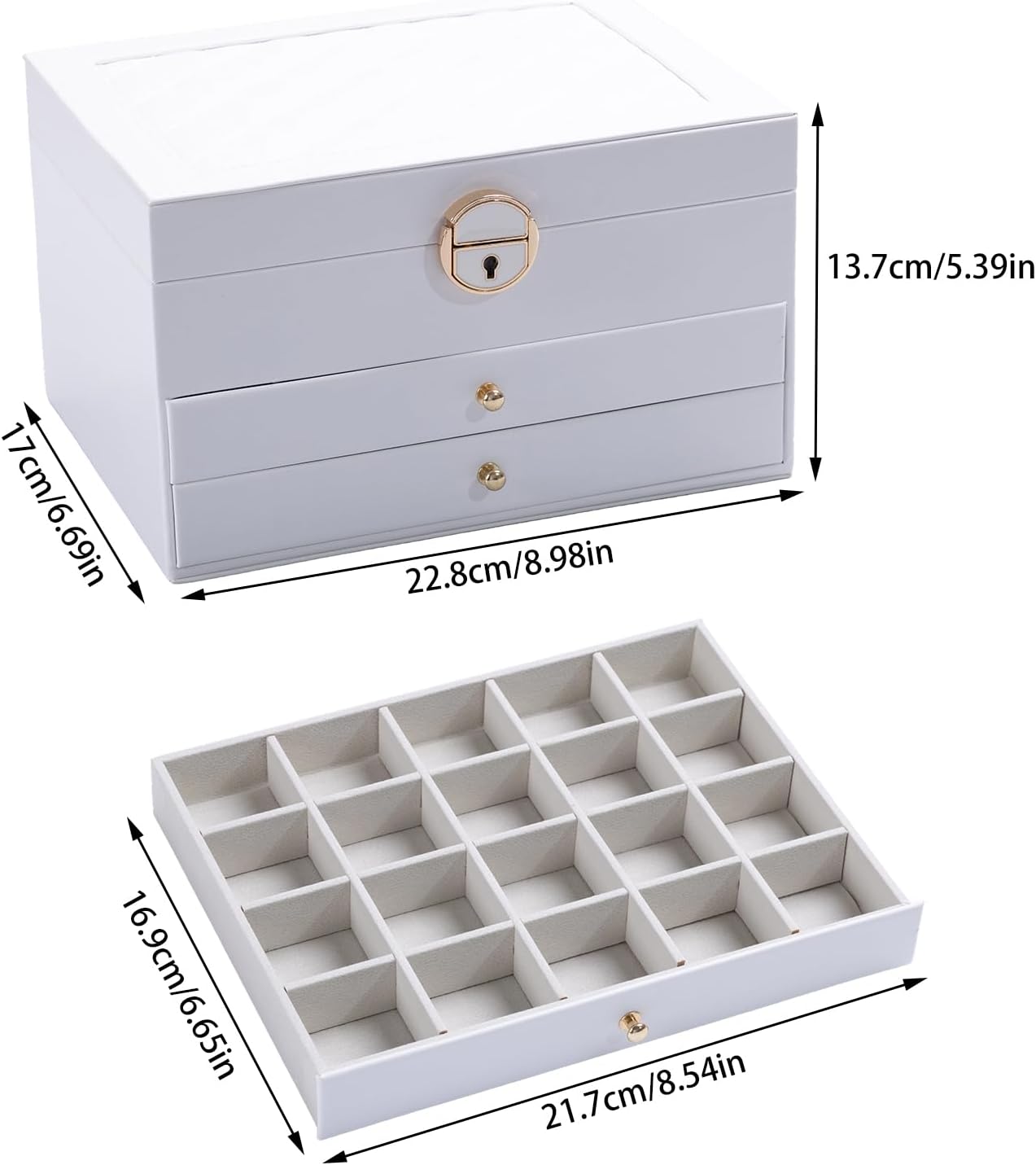 1 Pack 3 White Faux Leather Layer Jewelry Box, Lockable Jewelry Holder Organizer Accessories Drawer, Velvet Earring Storage Accessories Boxes for Women/Mom image 2