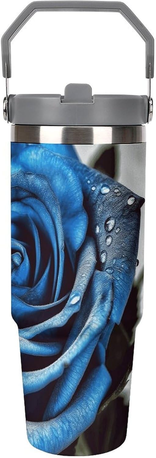 30oz Insulated Tumblers with Top Handle, Stainless Steel Blue Rose Car Cup with Straw for Gift, Leak-Proof Double Wall Vacuum Travel Mug, Personalized Water Bottles White