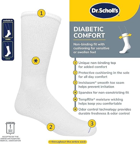 Dr. Scholl's Mens Diabetes & Circulator - 4 6 Pair Packs Non-binding Comfort And Moisture Management Sock, White, 7-12 US - 3