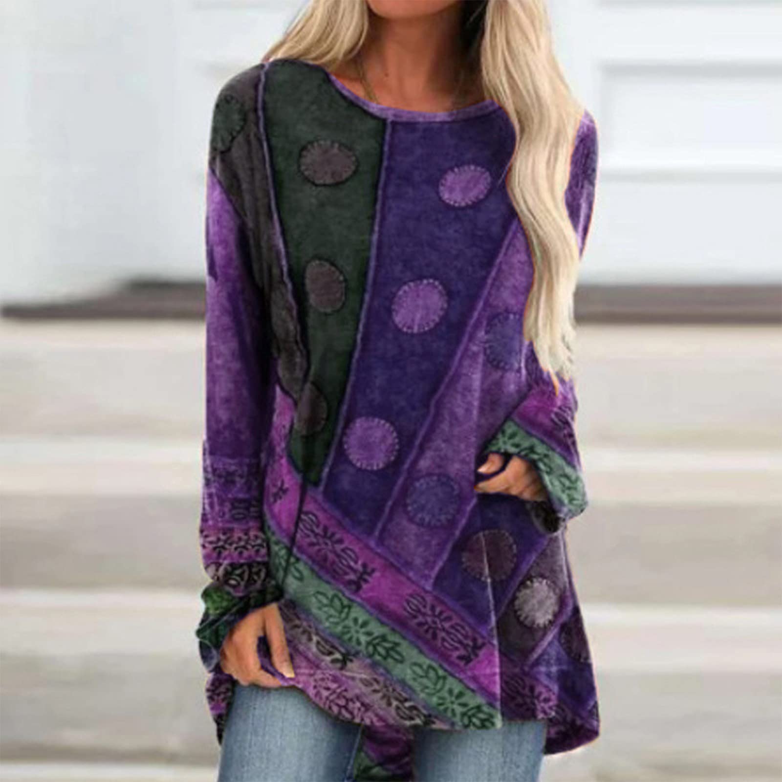 Top a tunica da donna, vestibilità ampia, vestiti eleganti per leggings camicie autunnali a maniche lunghe girocollo pullover camicette, Da-viola, Medium