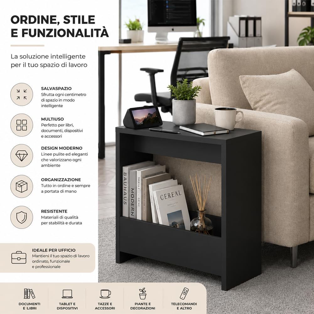 HOCUS PICUS Beistelltisch mit integriertem Magazinhalter| kompakter Beistelltisch für Wohnzimmer und Büro| platzsparender End Table für kleine Räume| Magazinaufbewahrung| 20 x 55 x 60 cm (Schwarz)