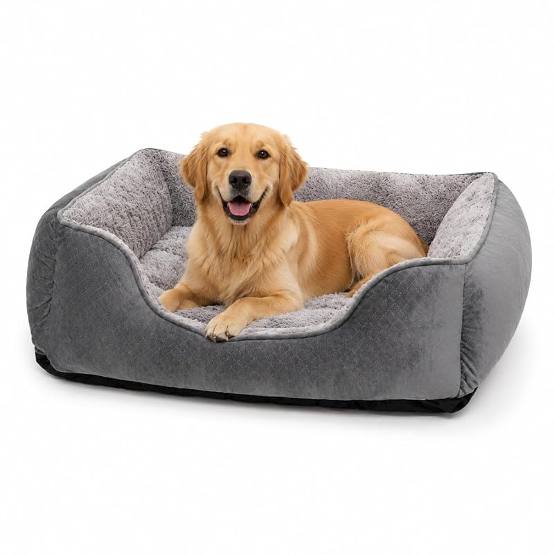 Cama Extra Grande para Cães em Poliéster com Enchimento de Algodão e Base Antiderrapante Oveppy – 88,9 x 63,5 x 22,86 cm