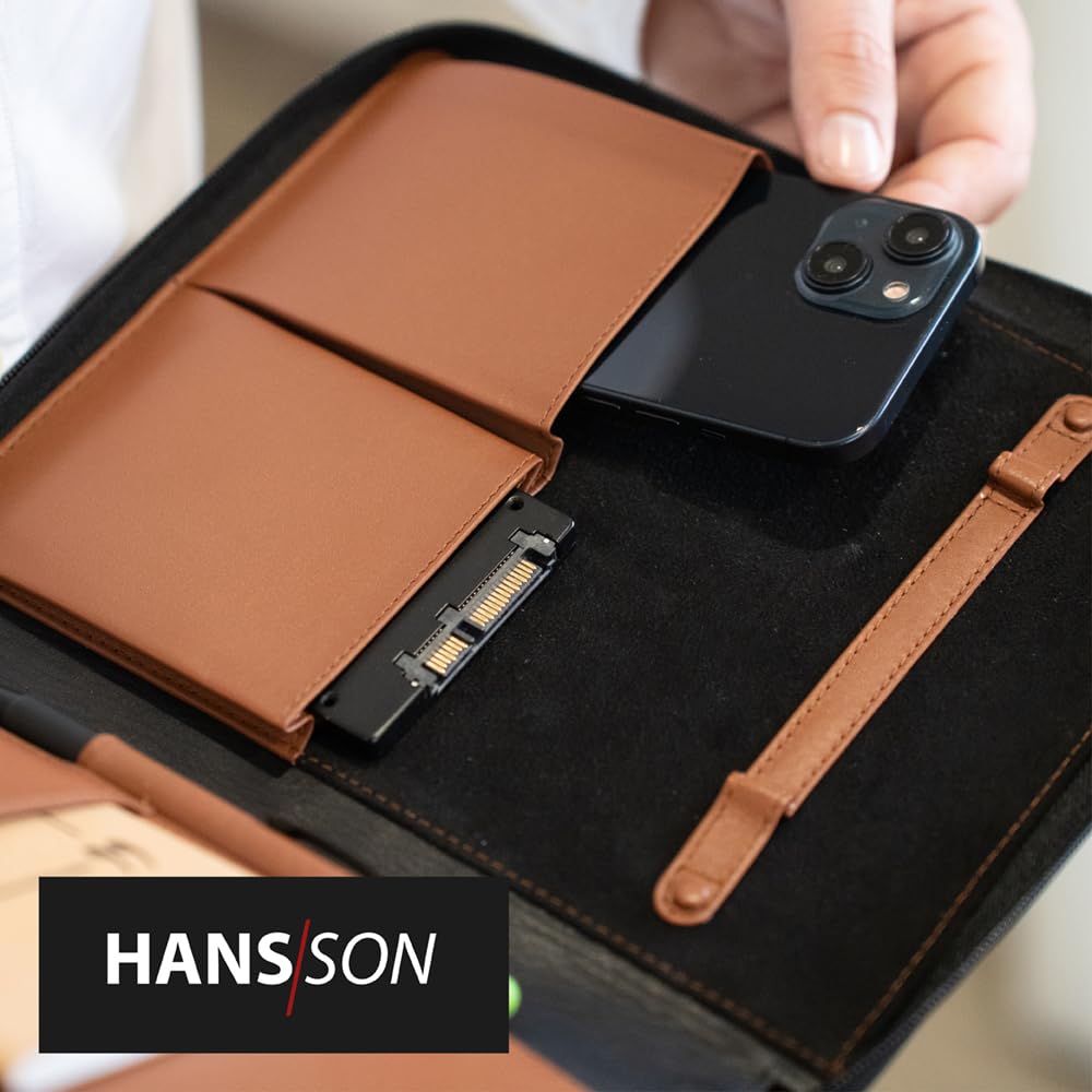 HANS/SON Business-Organizer – Edles Echt-Leder-Case mit 2 Fächern, Platz für A5 Block oder Tablet und wichtige Utensilien, ideal für unterwegs - schwarz, innen braun