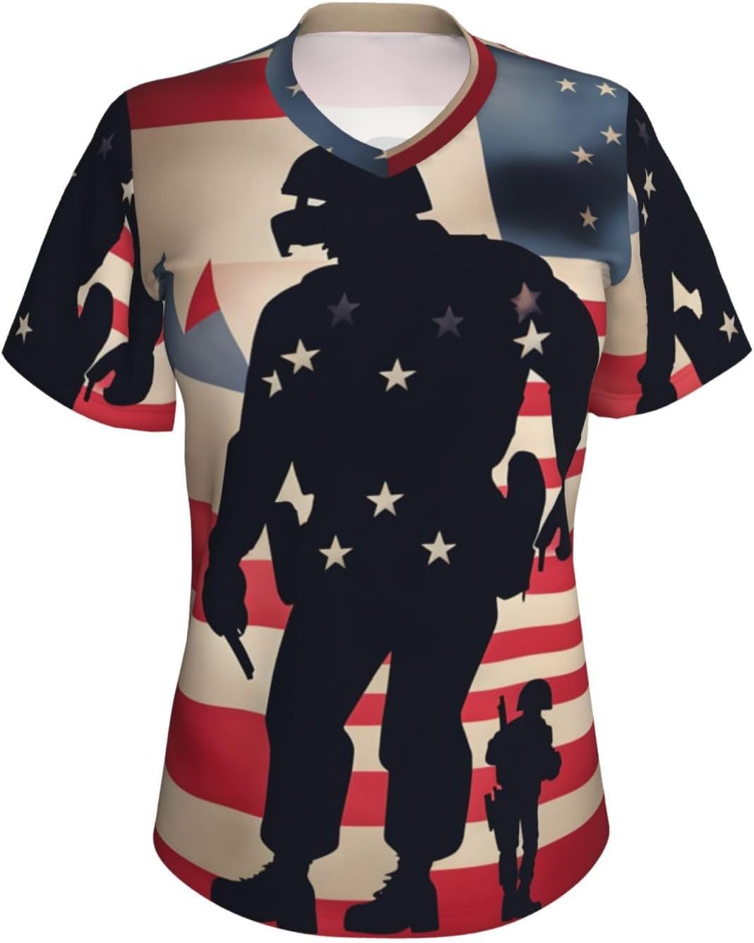 Women Casual US Military Soldiers Patriotic Memorial Day Print V-Neck T-Shirt Short Sleeve Summer Trendy Tops.