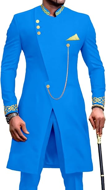 African Suits for Men Dashiki Embroidery Jackets and Pants 2 Piece Set Slim Fit Formal Outfits Wedding Light Blue Medium