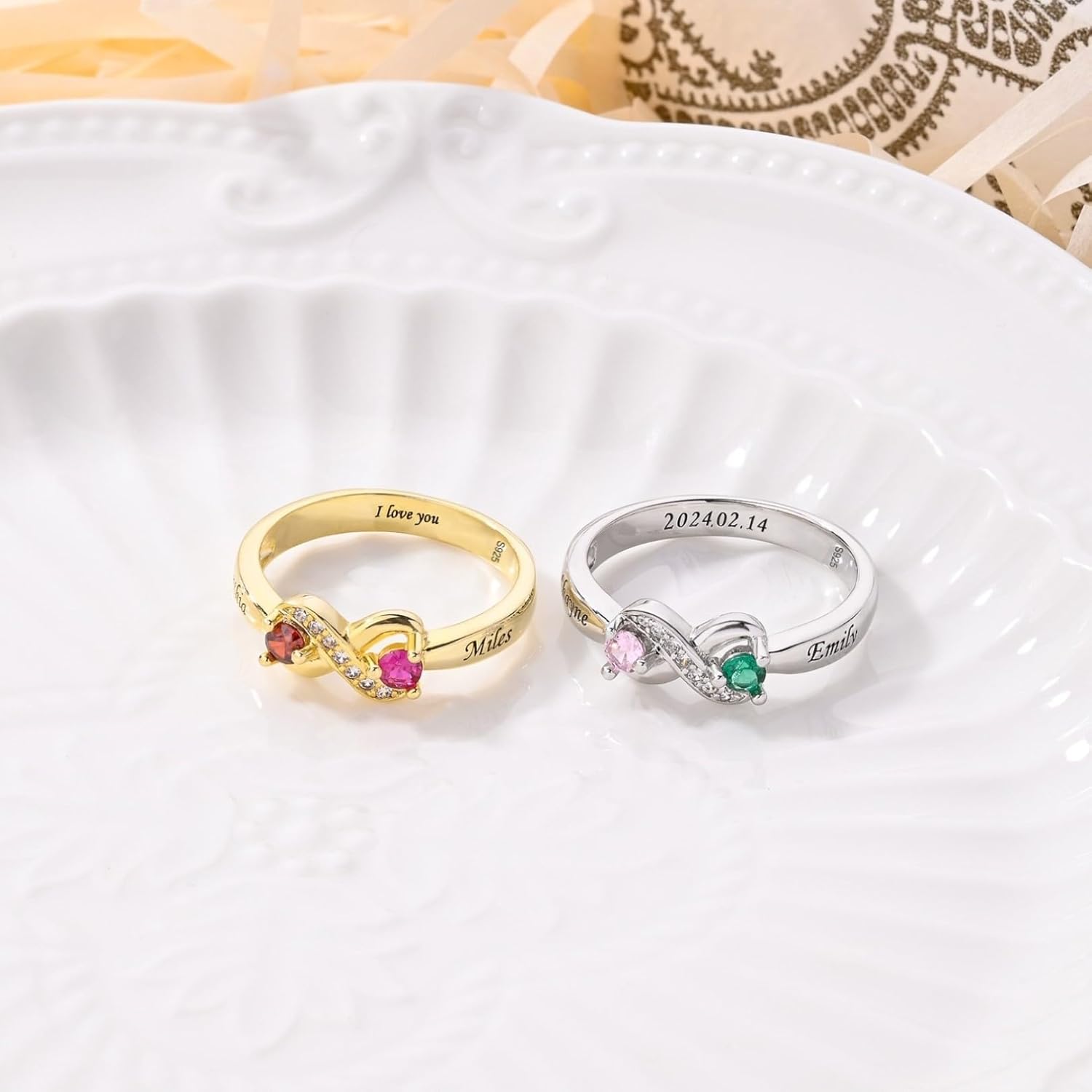 Personalized Infinity Mothers Ring with 2 Birthstones, 925 Sterling Silver Custom Engraved Birthstone Promise Ring for Women, Jewelry Gift for Mom Wife Grandma Mother’s Day Birthday