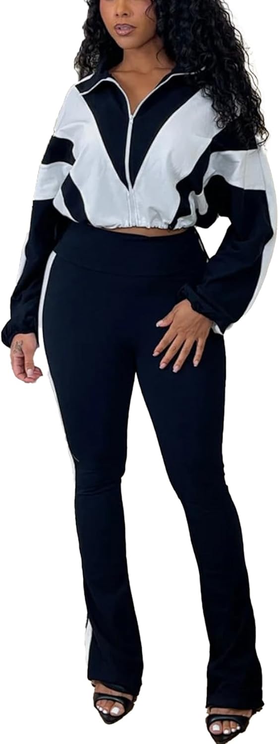 Women's Color Block 2 Piece 80s 90s Outfits Sweatshirt Zip Up Jacket and Bodycon Pants Tracksuit Sets