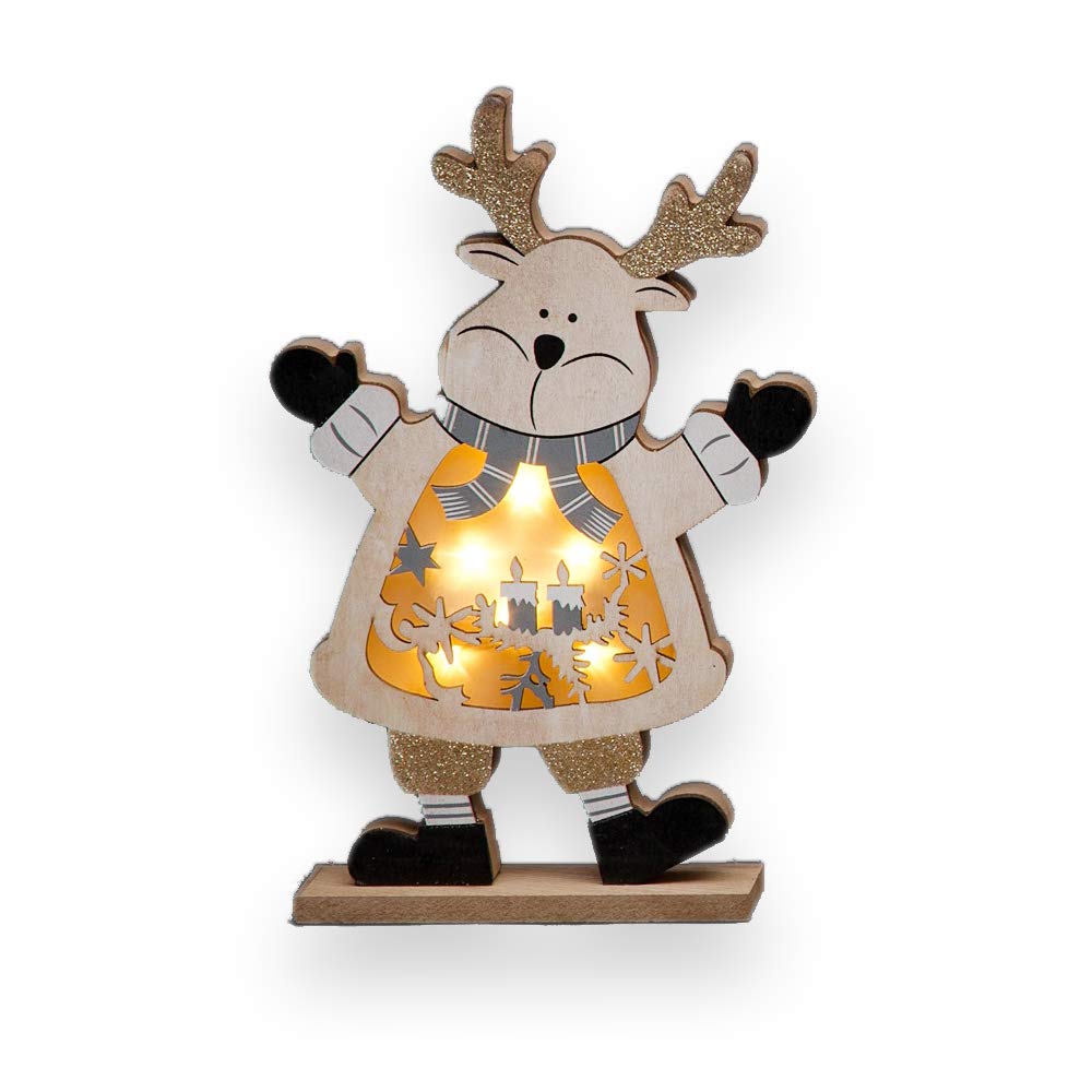 Shatchi Wooden Led Christmas Santa Snowman Reindeer Xmas Home Indoor Table Decorations Ornaments Centrepiece,, Wood 27Cm