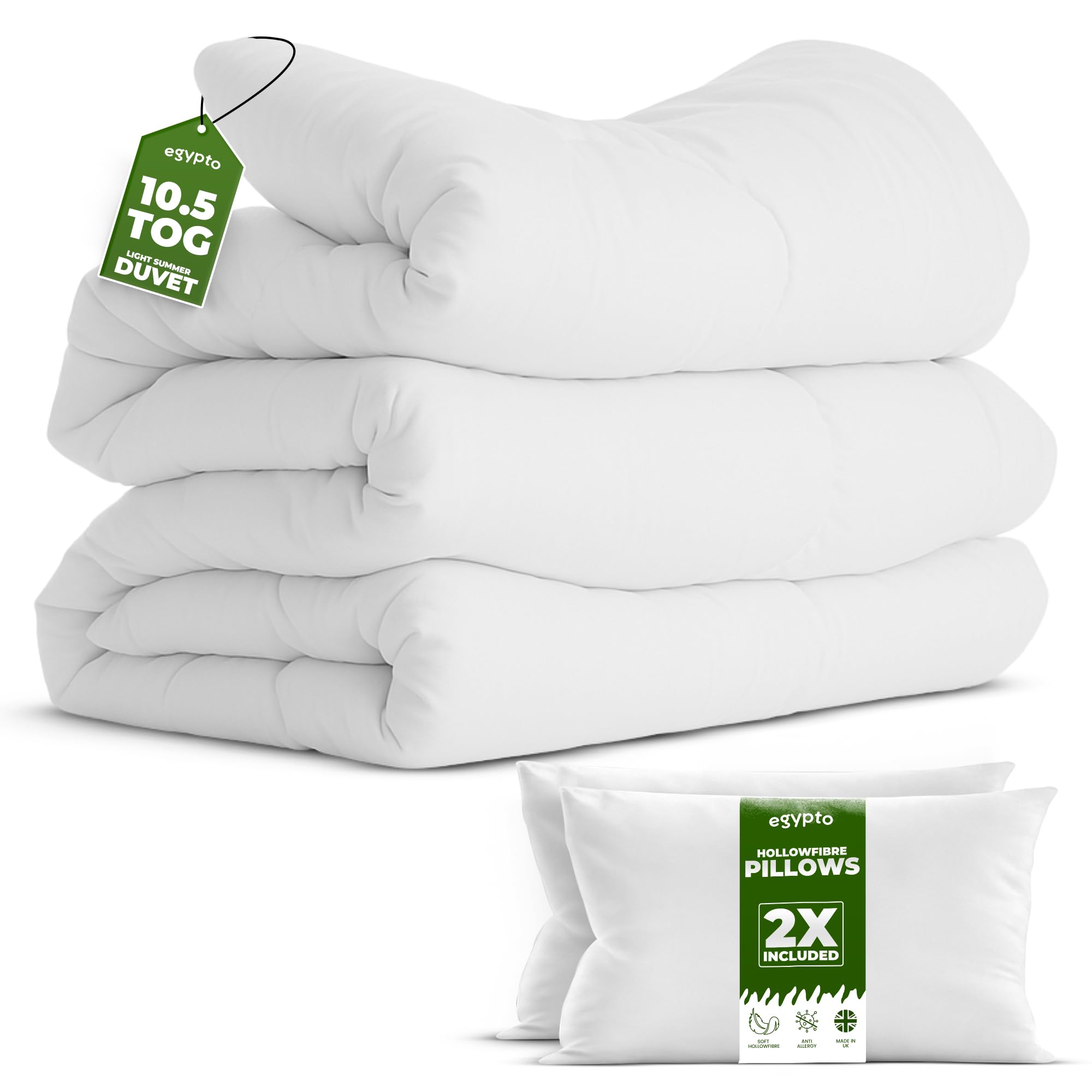 EGYPTO Hollowfibre Double Duvet 10.5 Tog – Luxurious All Season Duvet with 2 Jumbo Pillows – Super Soft & Breathable Anti-Allergy Corvin Cover Quilt Easy Care (10.5 Tog, Double + Pillow Pair)