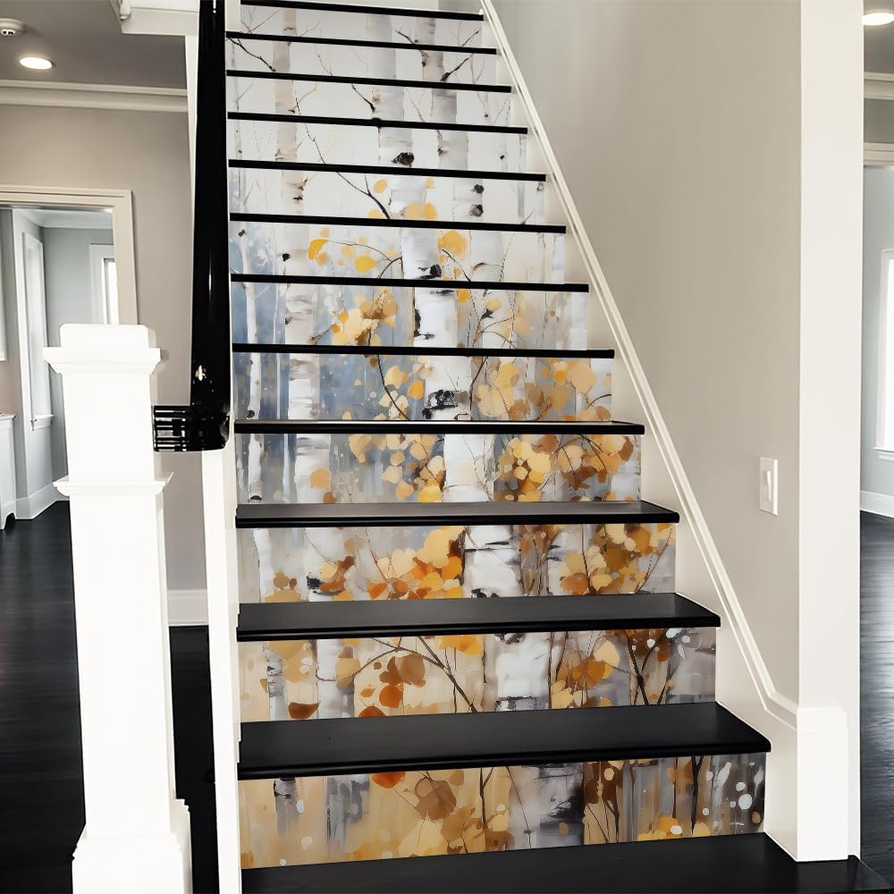 REDAMANCY Modern White Yellow Gingko Tree Forest Abstract Art Peel and Stick Vinyl Stair Riser Decals Staircase Tile Stickers Decor Modern Marble Decoration Self-Adhesive(14 Pcs)
