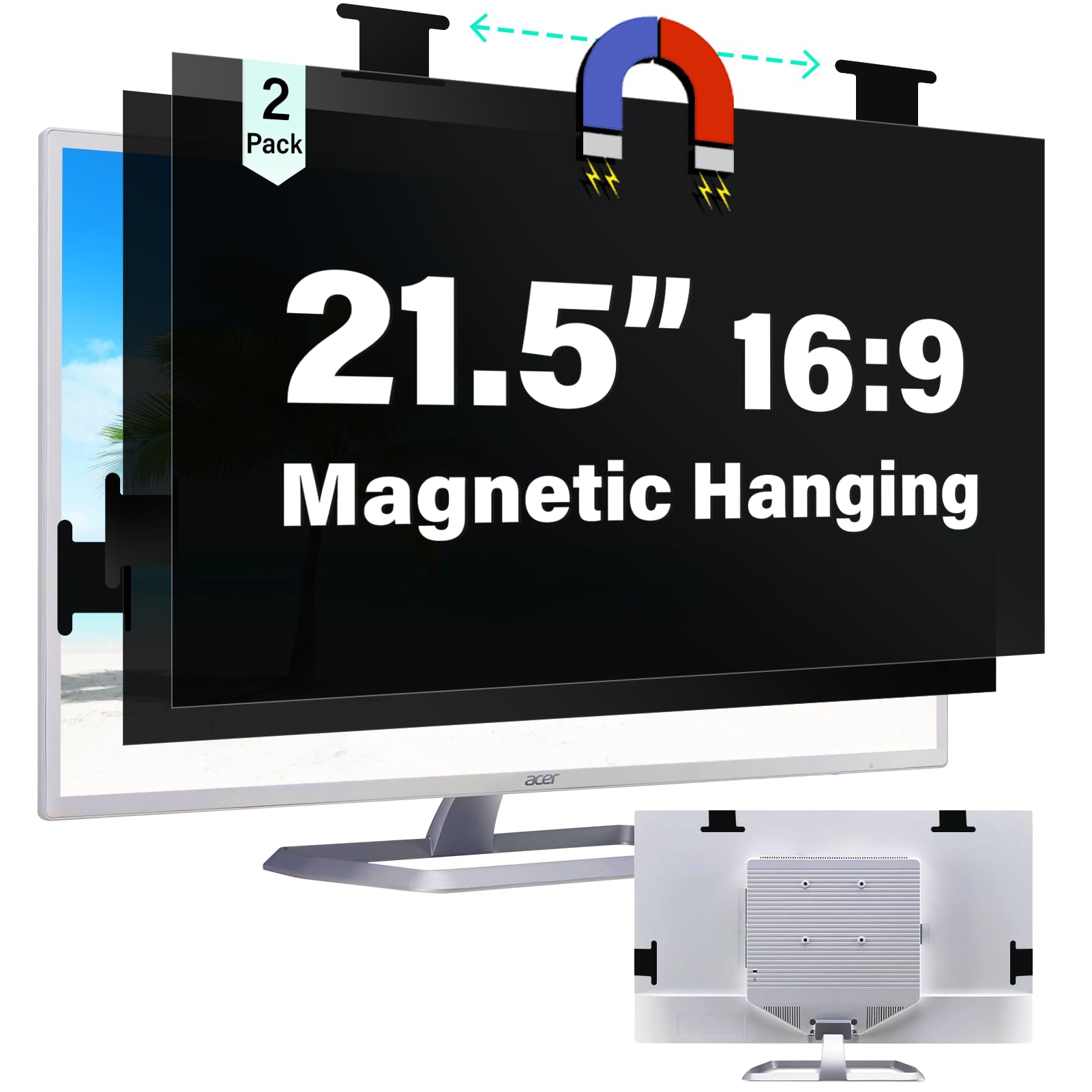 [2 Pack] Magnetic Hanging 21.5 Inch Computer Privacy Screen for 16:9 Aspect Ratio Widescreen Monitor, Eye Protection Anti Glare Blue Light Computer