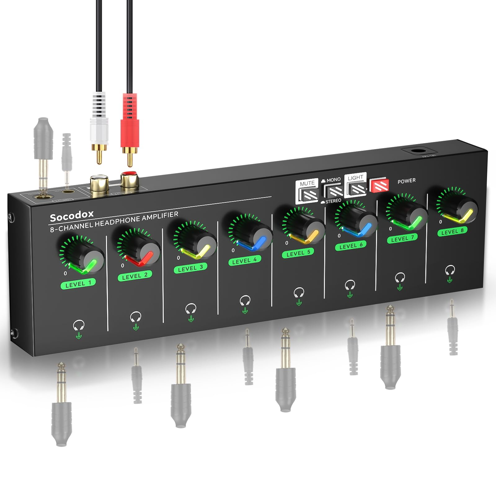 Amplificateur de Casque à 4 canaux avec Prises RCA 3,5 mm/6,35 mm, mélangeur Compact en métal avec 8 Ports de Sortie pour Casque, Interrupteur stéréo, Fonction muet, lumière RVB (8 canaux)