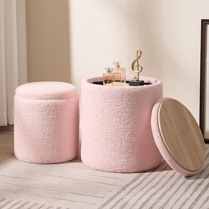GANPATI HANDICRAFT Set of 2 Velvet Vanity Stools with Hidden Storage – Upholstered Ottoman Footrest with Gold Metal Base, (Boucle-Pink)-image-31