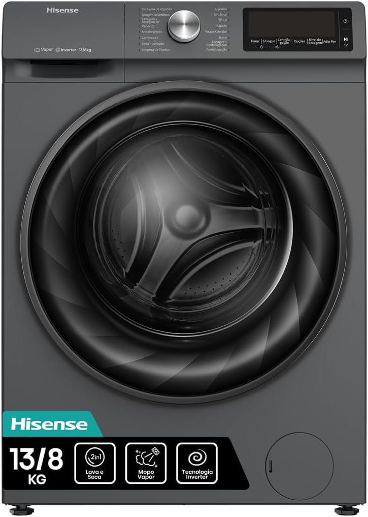Hisense Lava e Seca, 13kg Lavagem/8kg Secagem, Steam, 13 Programas, Motor Inverter, Painel Touch, Titanium WD13X – 127V