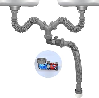 Double Sink Drain Kit Flexible 1 1/2 Inch P-Trap Pipe Comes with Visual One Way Drain Valve 4-Way Connector for Bathroom Kitchen Sink Dishwasher Garbage Disposer Drain Pipe