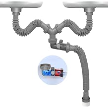 Double Sink Waste Kit Flexible 1 1/2 Inch P-Trap Pipe with Visual One Way Waste Valve 4-Way Connector for Bathroom Kitchen Sink Dishwasher Garbage Disposer Drain Pipe