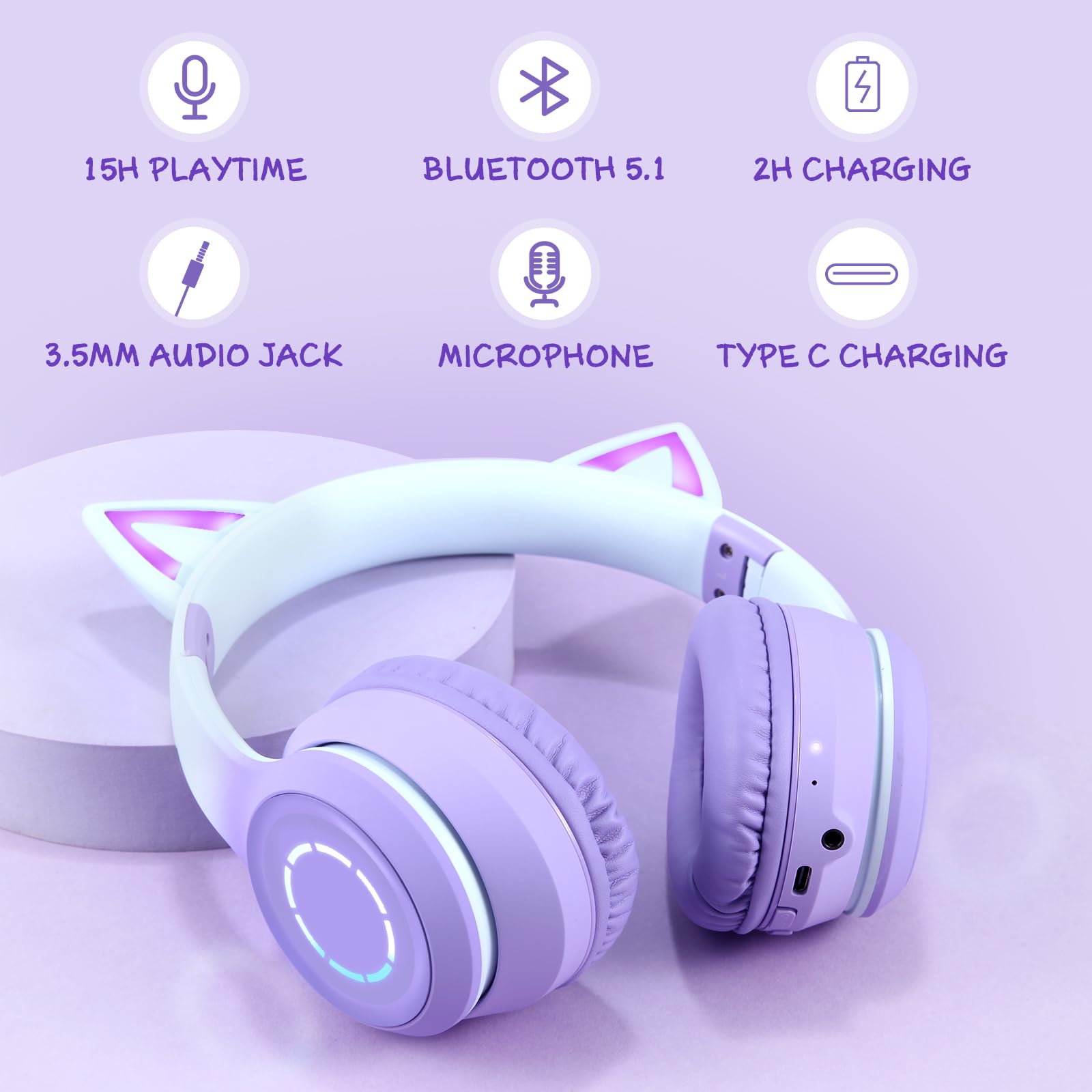 Sendowtek Auriculares Inalámbricos para Niños, Diadema Auditiva con Micrófono y LED Luz Compatible con Móviles Tablets PCs, Cascos Bluetooth Oreja de Gato para Niñas Chica y Adultos Viaje (Morado)