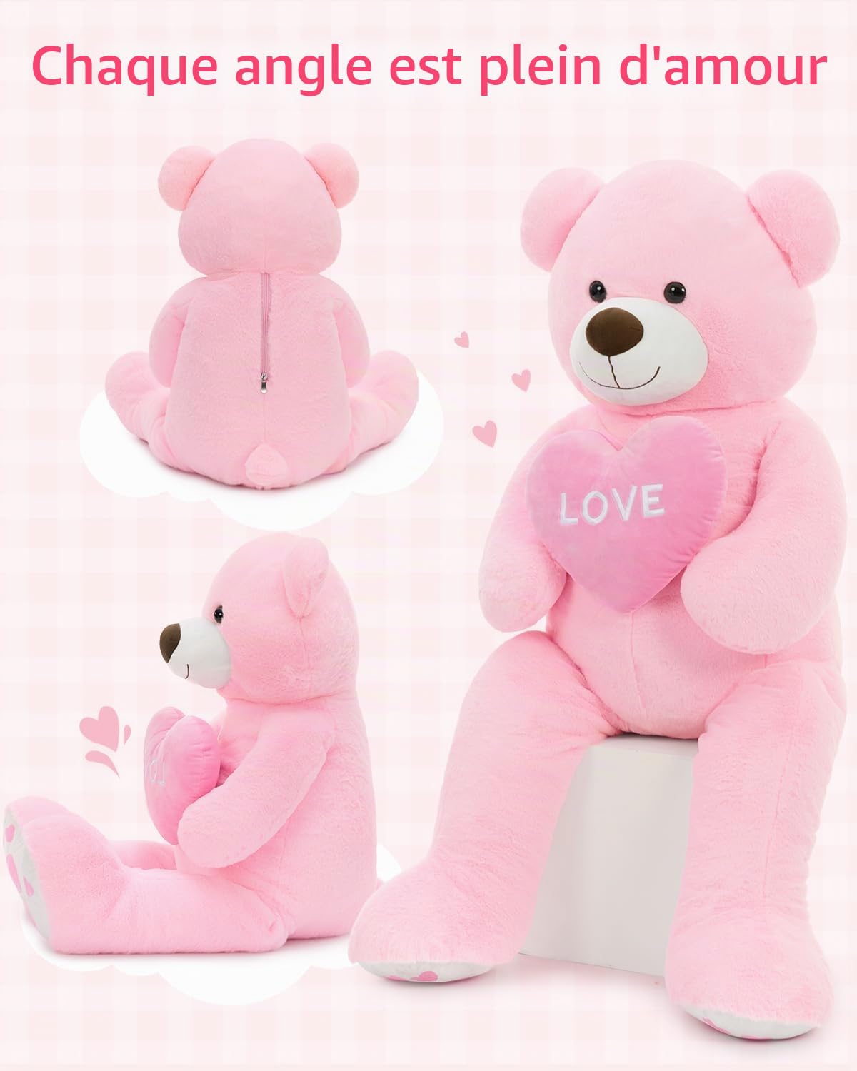MorisMos 130cm Ours en Peluche Geant avec Cœure, XXL Rose Douce Nounours Géant Grosse Teddy Bear Jouet Mignonne Grand Cadeau pour Enfant Petite Amie Anniversaire Noël Décoration
