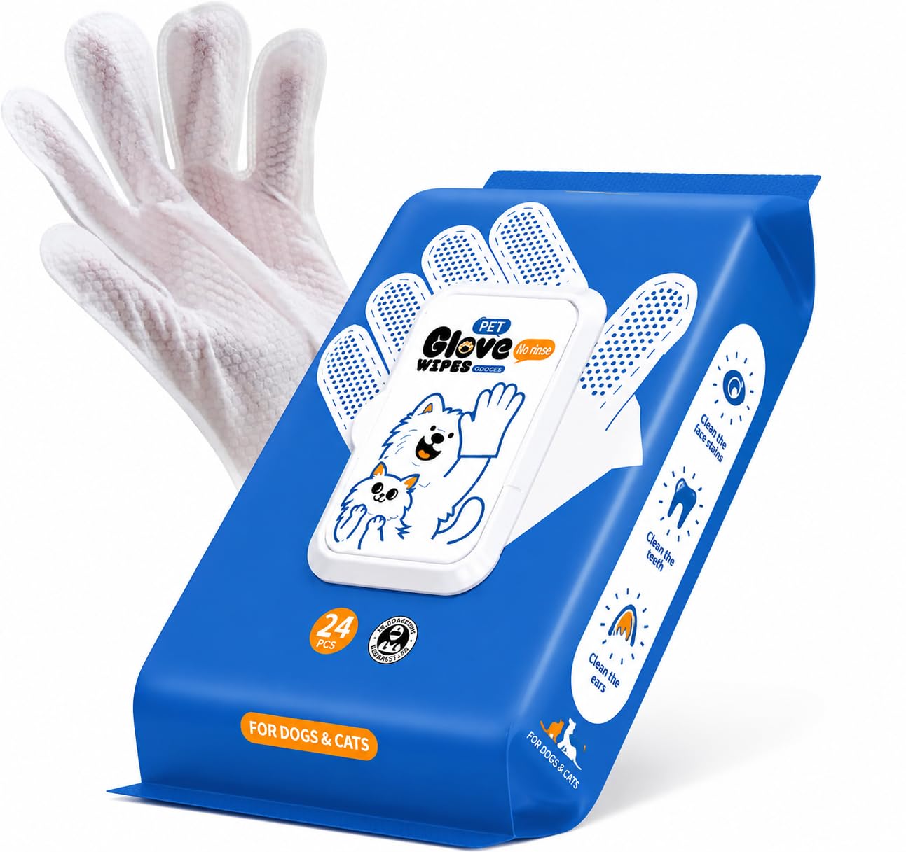 TruSky Pro Pet Glove Wipes for Dog, Wash Free, Thickened, 24 Pcs Pet Cleaning Grooming Gloves for Daily Care and Traveling, Easy Use on Fur Face, Body, Ear, Eye, Paws and Bum