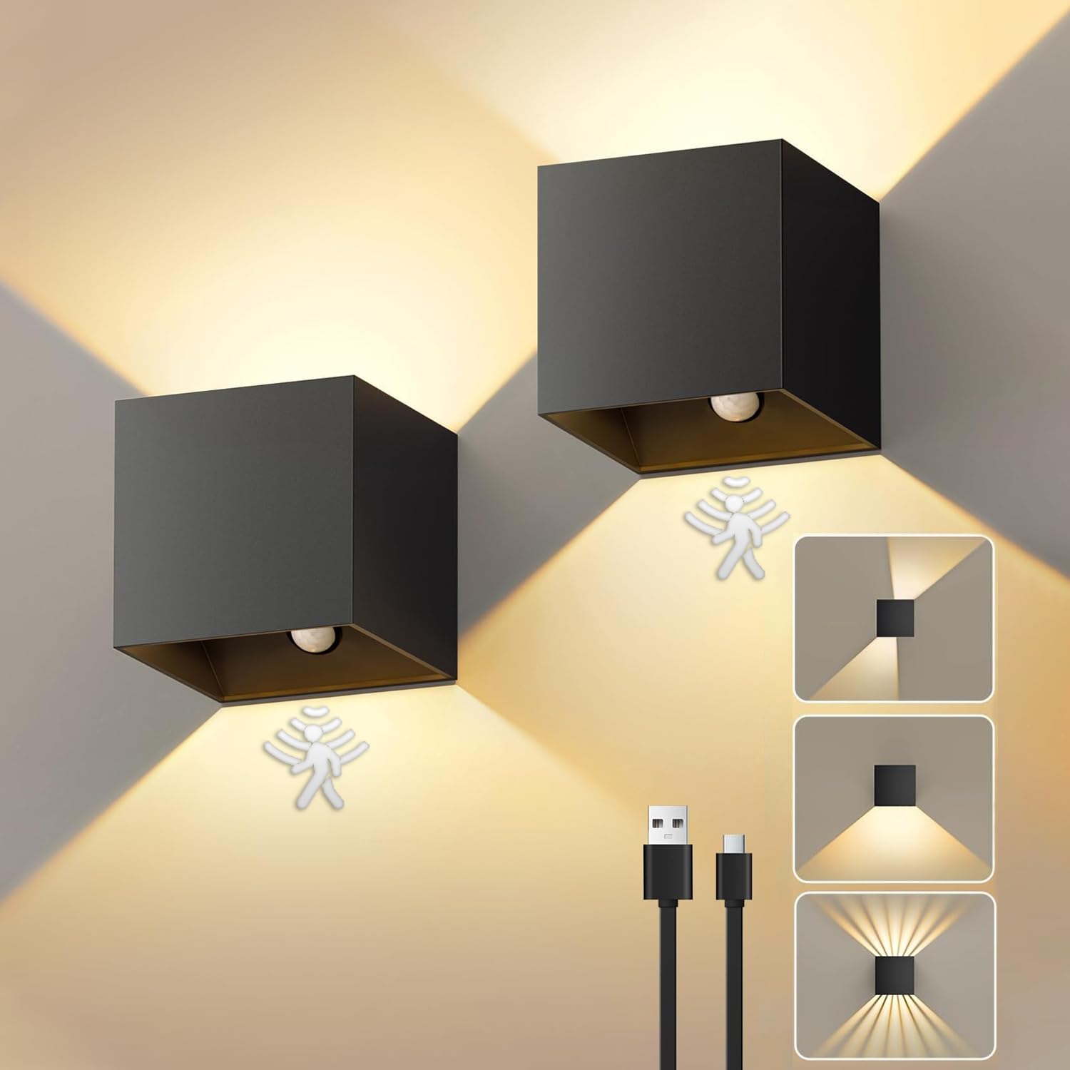 NIBSHOOM 2 Stück Akku Wandleuchte Innen Mit Bewegungsmelder,Wandlampe Akku Einstellbar Strahlform,3000K LED Wandleuchte USB Aufladbar,Kabellos Dimmbar Schwarz Aluminium für Schlafzimmer Wohnzimmer