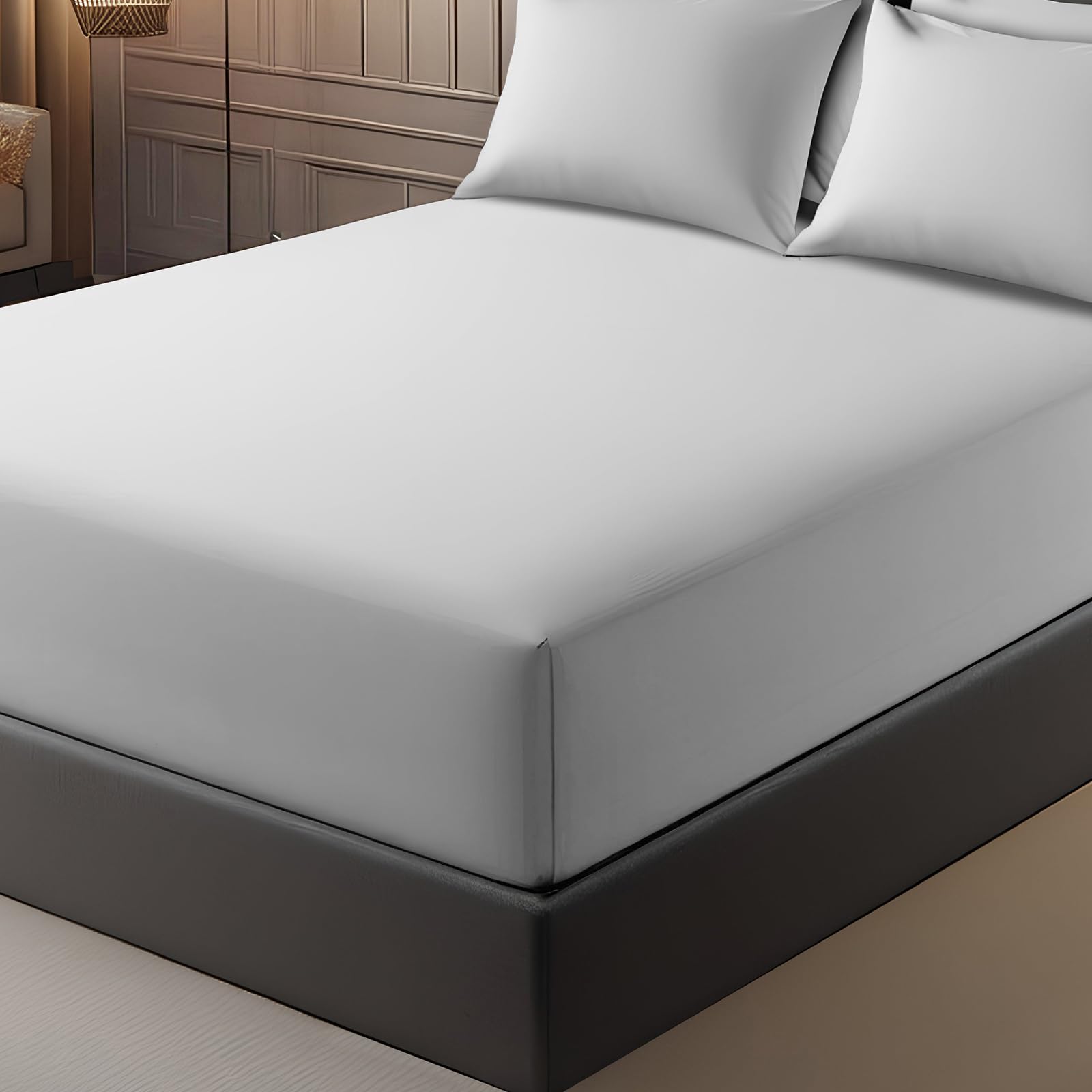 Pamposh Light Grey Double Fitted Sheet Extra Deep Pocket 40 Cm (16 Inches) Durable Elastic Fitted Bed Sheets Double - Premium Brushed Microfibre Fitted Sheet - Ultrasoft Hypoallergenic Fade Resistant